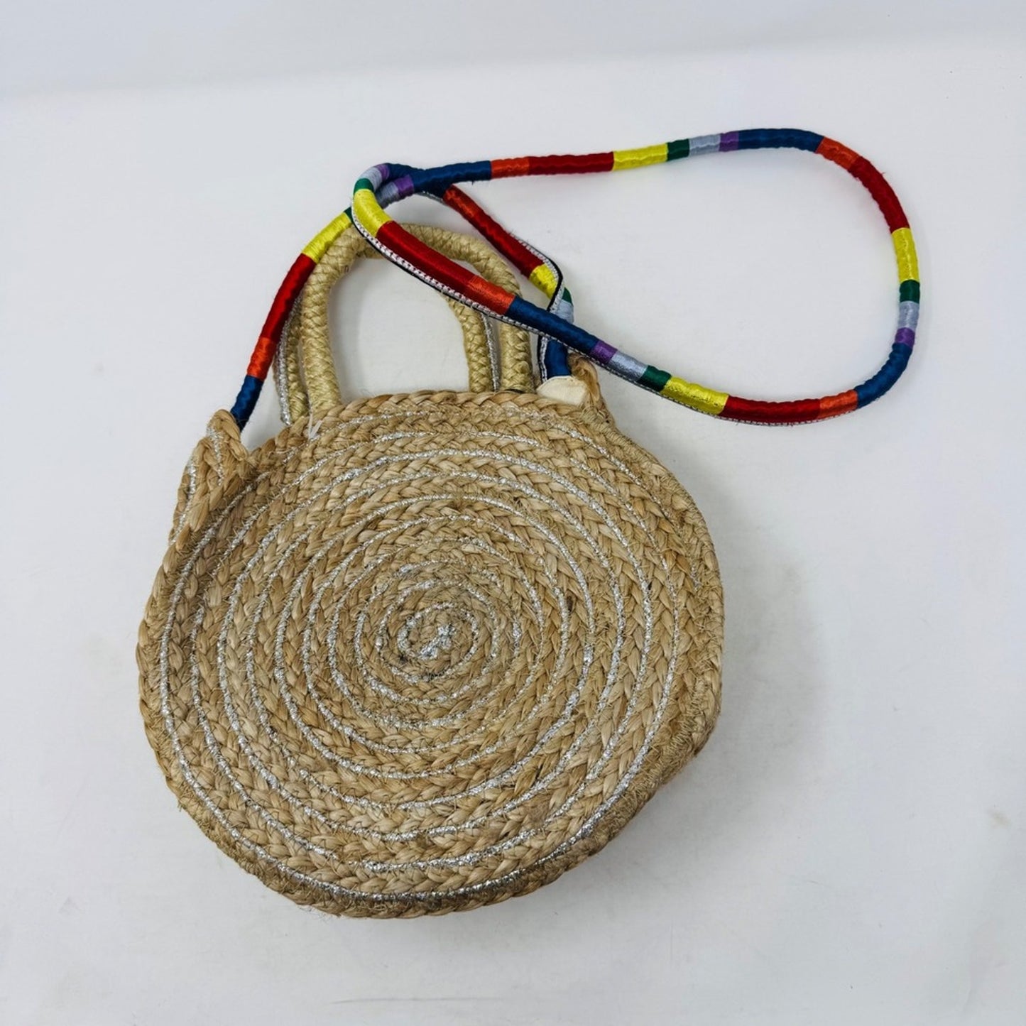 Sam Edelman NWT Round Straw Bag‎ Woven Silver Accents Rainbow Strap