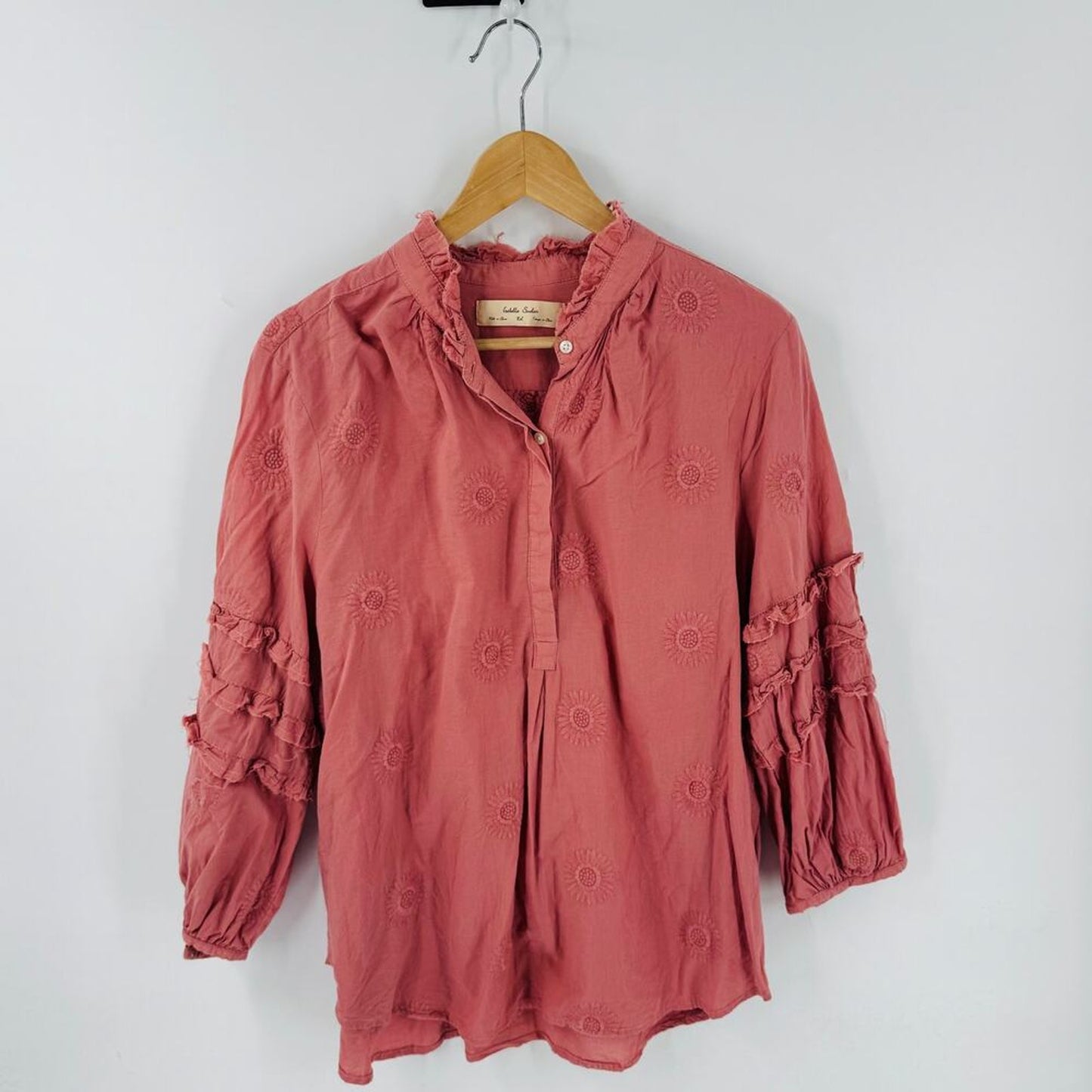 Anthropologie Isabella Sinclair Pink Mauve Ruffle Boho Cottage Sleeves Blouse XL