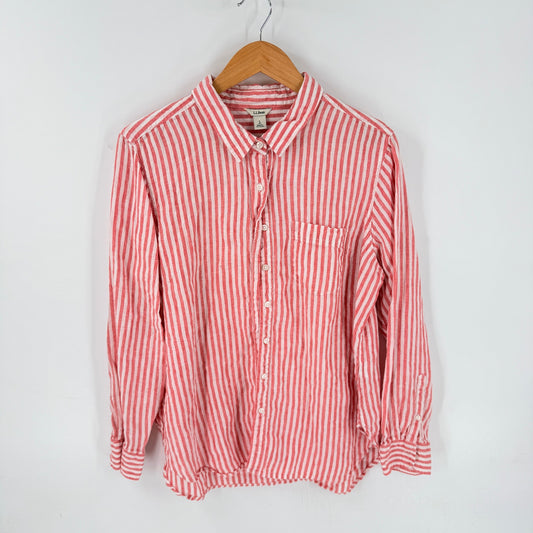 L.L. Bean Linen Button Down Shirt Pink Stripe Large Petite Coastal Summer