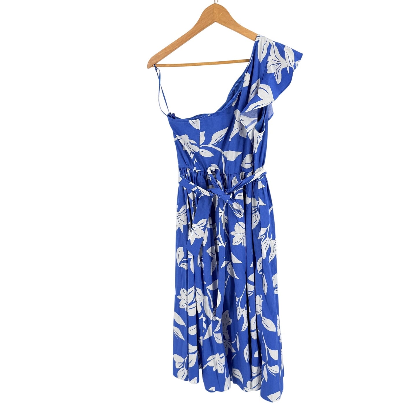 J. Crew Factory One Shoulder Floral Midi Dress Blue White Size 14 Belted