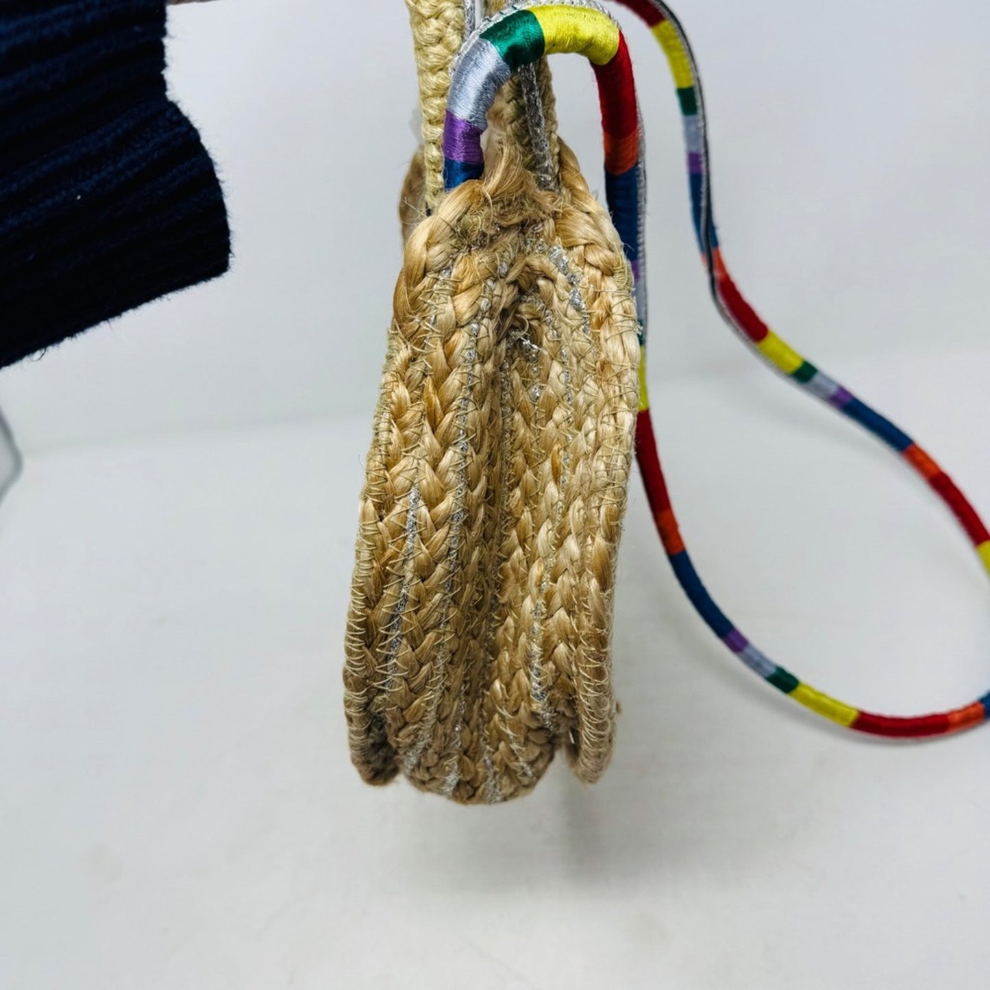 Sam Edelman NWT Round Straw Bag‎ Woven Silver Accents Rainbow Strap