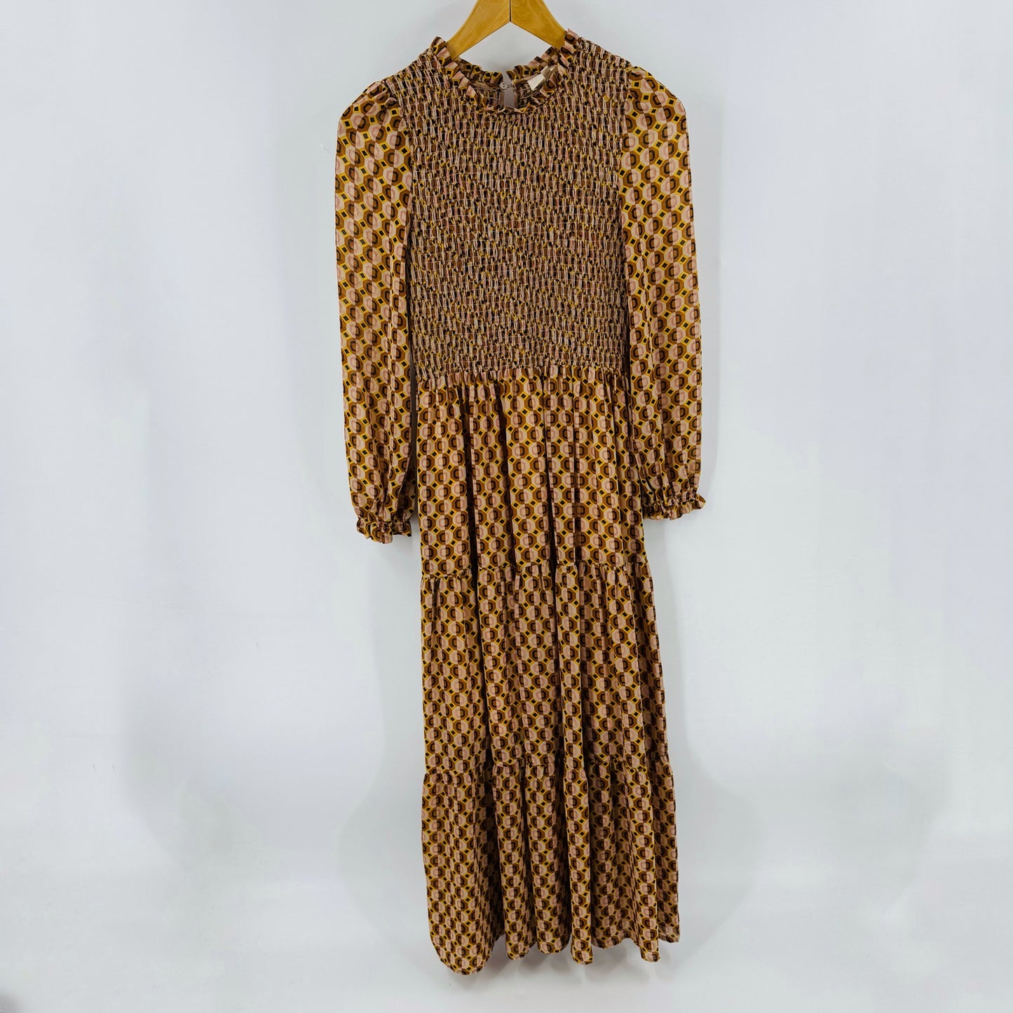 Melloday Smocked Long Sleeve Maxi Dress Retro Geometric Print Brown XS