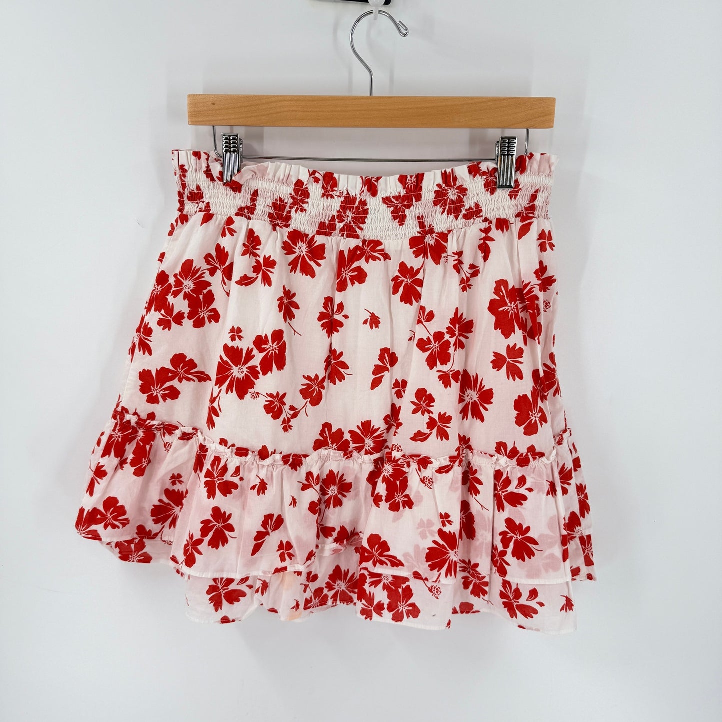 J. Crew Factory Floral Mini Skirt Red White Large Ruffle Hem Summer Coastal