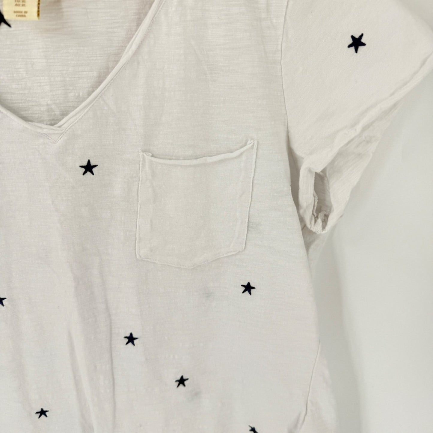 Cynthia Rowley Embroidered Star Print Pocket Tee White XL Patriotic Coastal