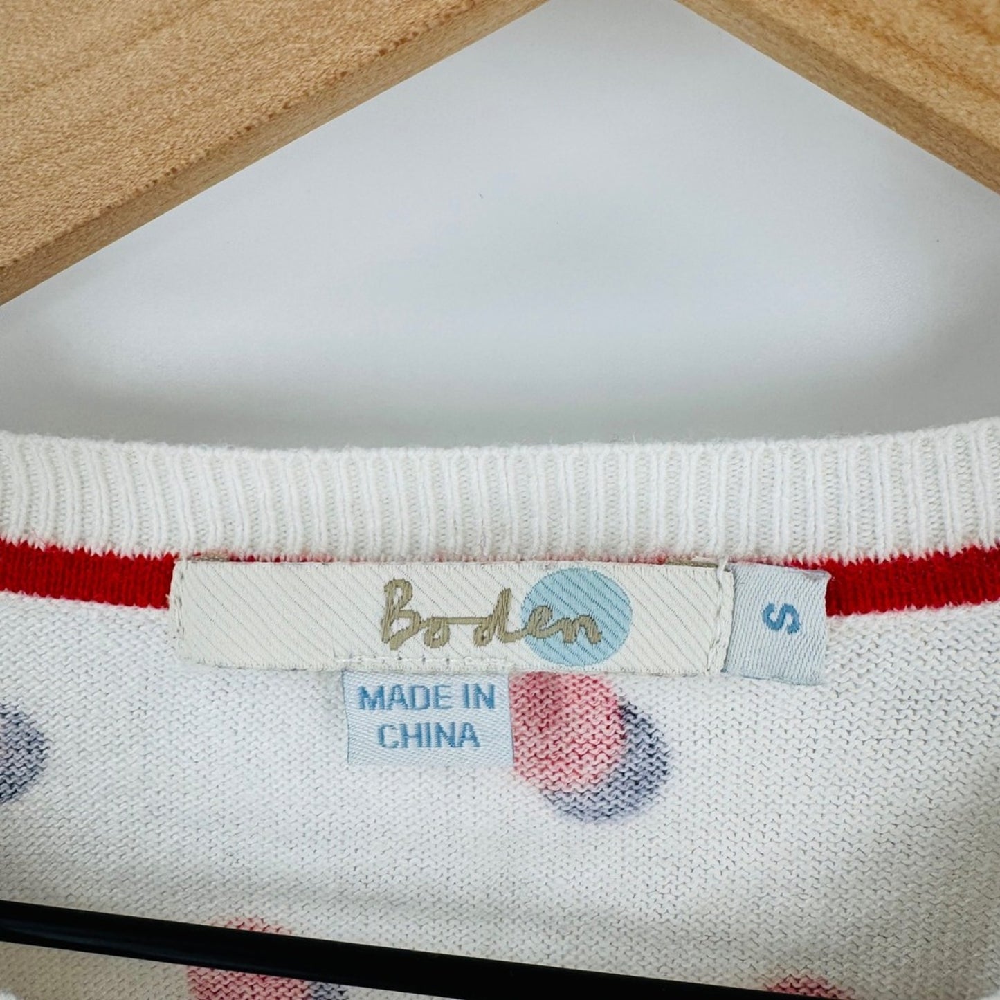 Boden Polka White Red Blue Polka Dot Lightweight Sweater Size S Patriotic Preppy