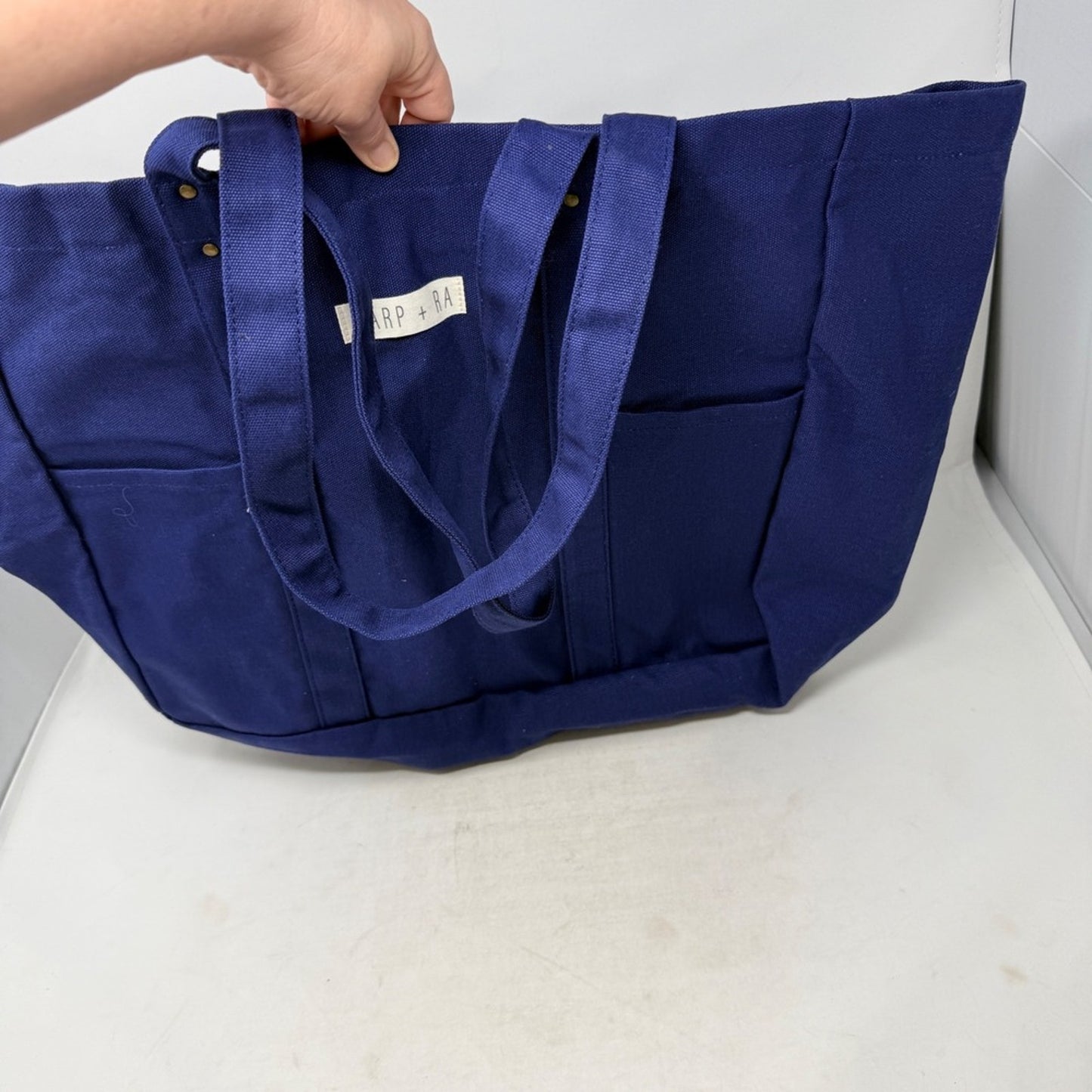 Harp + Ra Large Canvas Tote Bag Navy Blue Multi Pocket Travel Work Bag