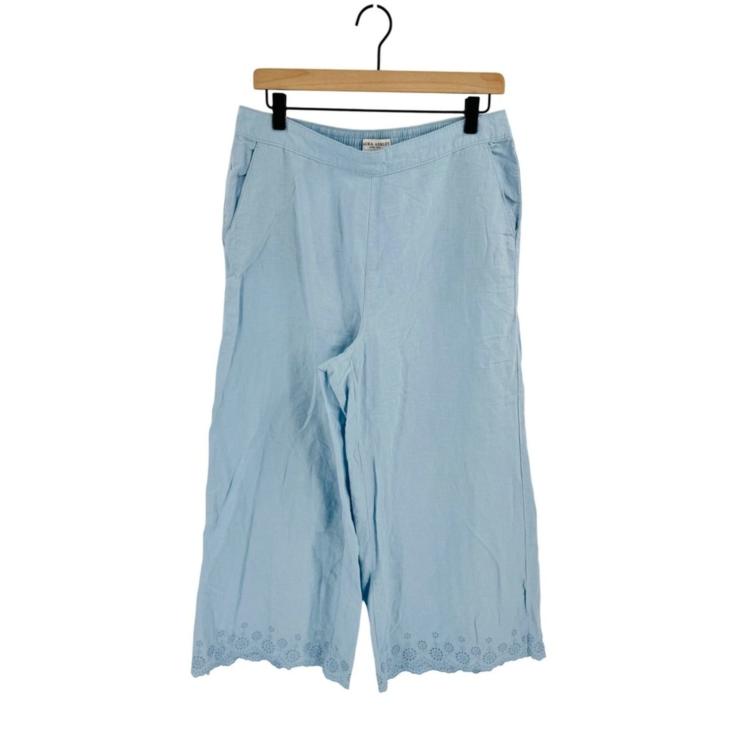 Aura Ashley Linen Blend Eyelet Hem Wide Leg Pants Pastel Blue Large Boho Coastal