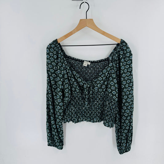 American Eagle Boho Floral Smocked Peasant Blouse Long Sleeve Black Green L