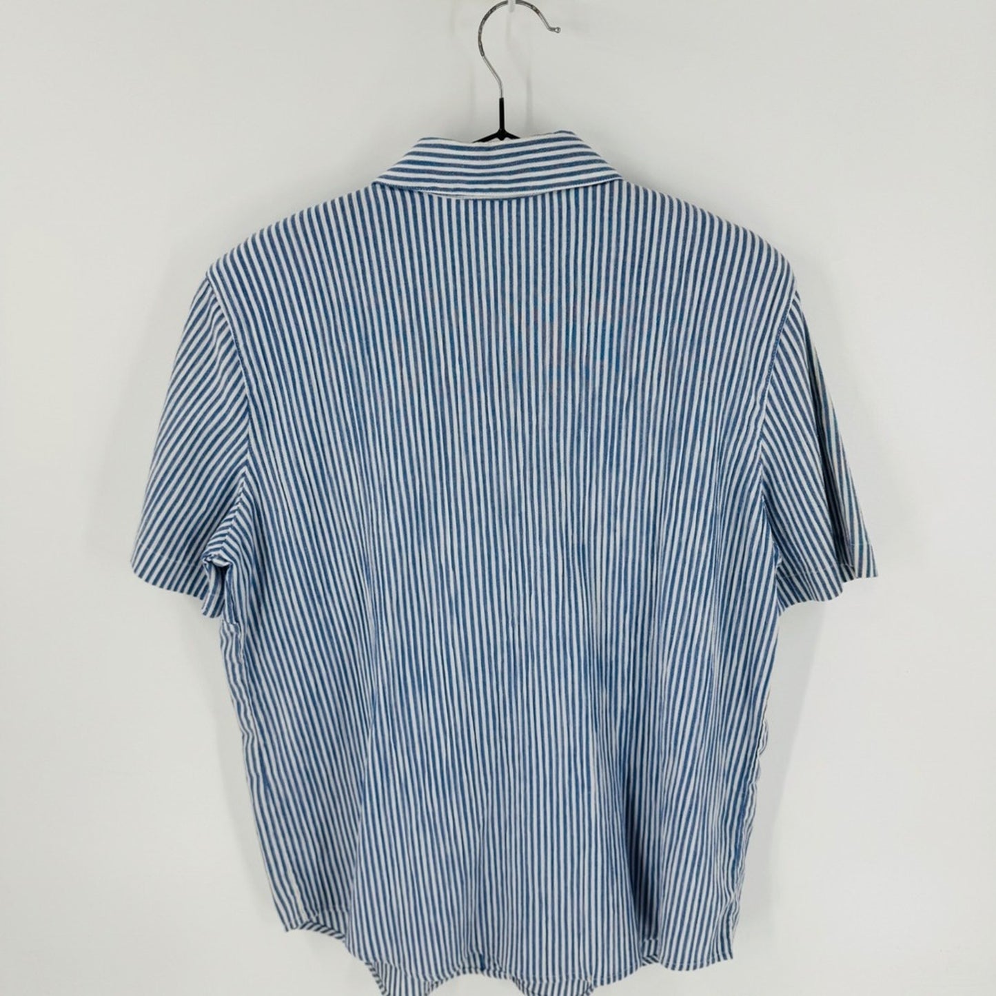 Vintage Embroidered Beach Scenes Button Down Shirt Blue Striped S Tropical