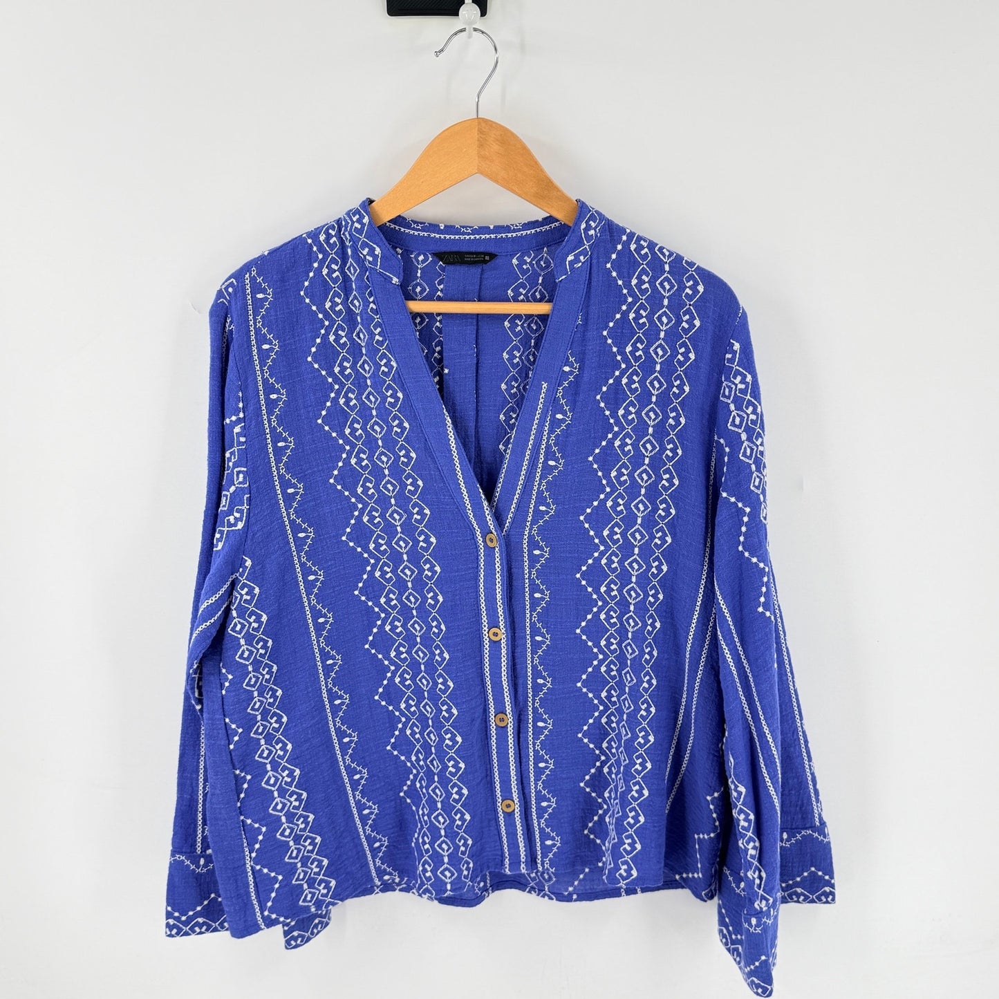 Zara Embroidered Peasant Top Blue White Medium Boho Coastal Resort