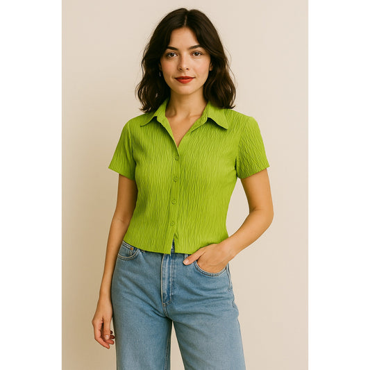 Vintage Dressbarn Green Crinkle Textured Short Sleeve Button Front Top XL