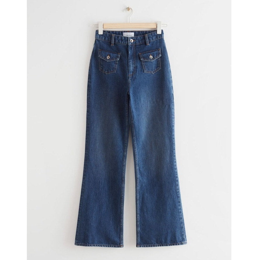 & Other Stories Flared Patch Pocket Jeans High Waist Blue Denim Size EU 34