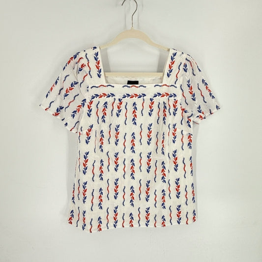 Talbots Americana Eyelet Square Neck Embroidered Cotton Top Blouse Size S Small