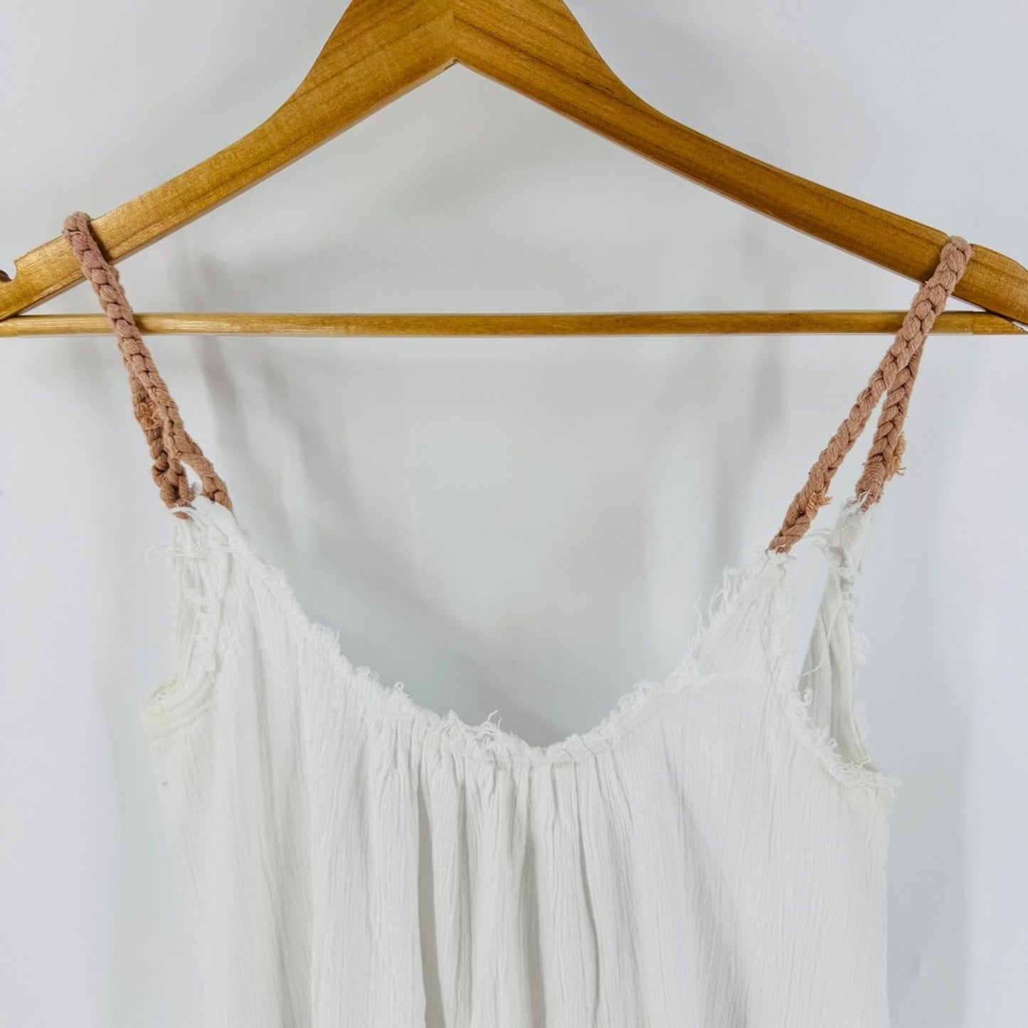 Barine White Gauze Cotton Pink Rope Strap Midi Dress Size L Beachy Boho Natural
