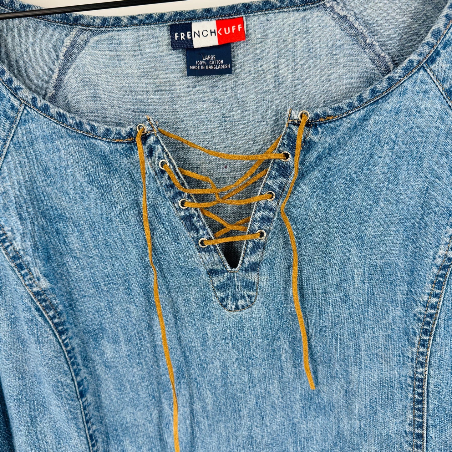 French Kuff Vintage Denim Lace-Up Peasant Top Long Sleeve Boho Size Large