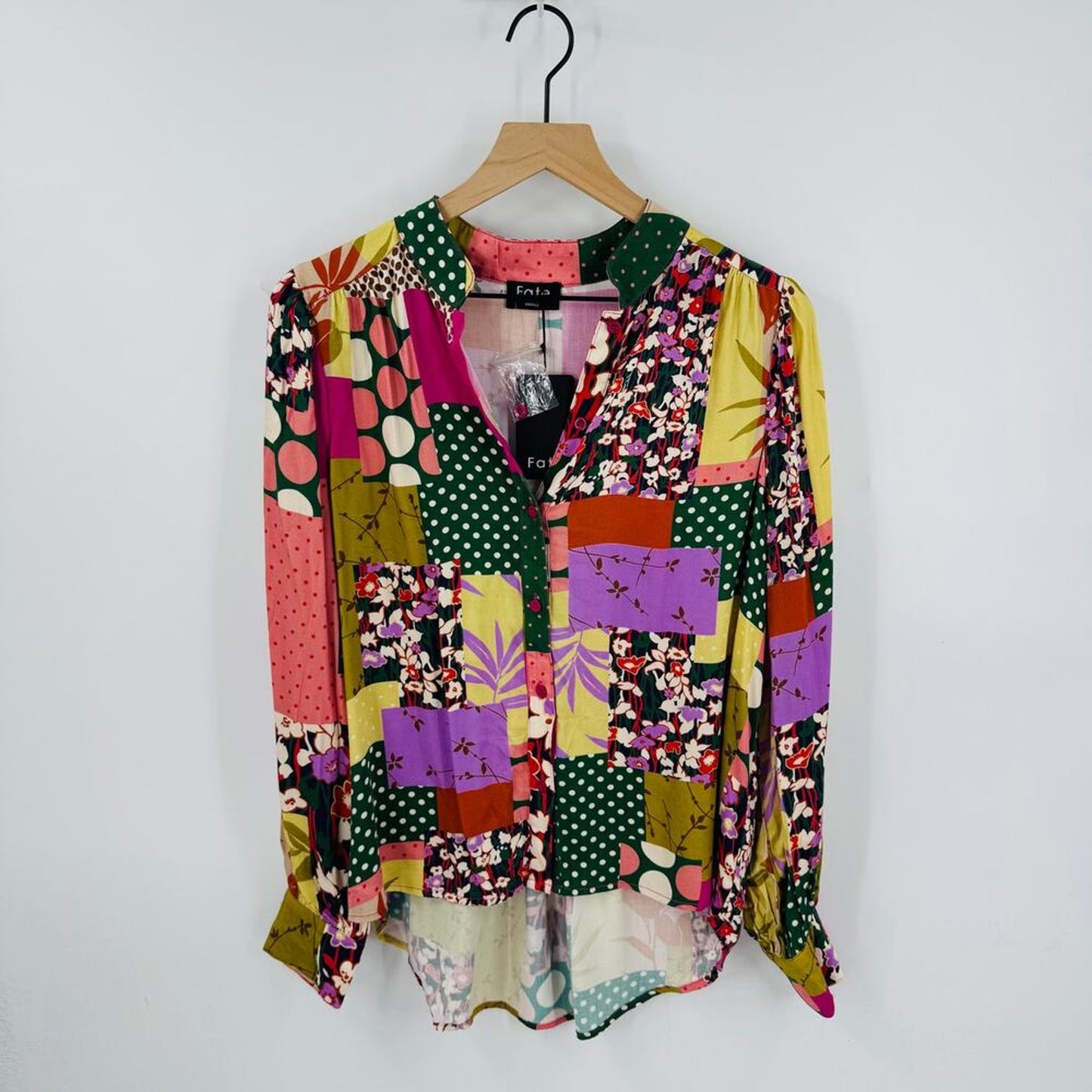 Fate Patchwork Print Button‎ Front Blouse NWT Women’s Small Colorful Boho Top