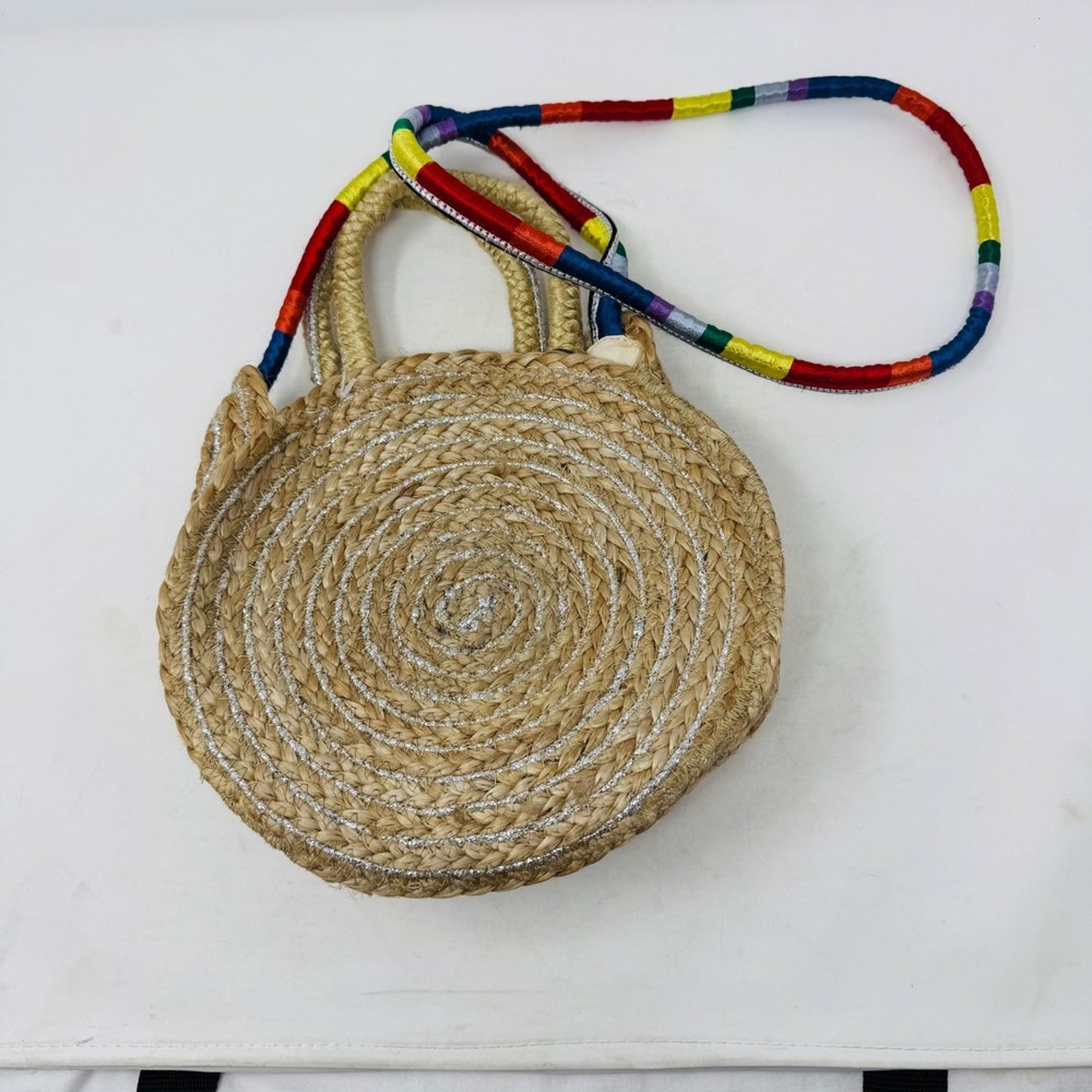 Sam Edelman NWT Round Straw Bag‎ Woven Silver Accents Rainbow Strap