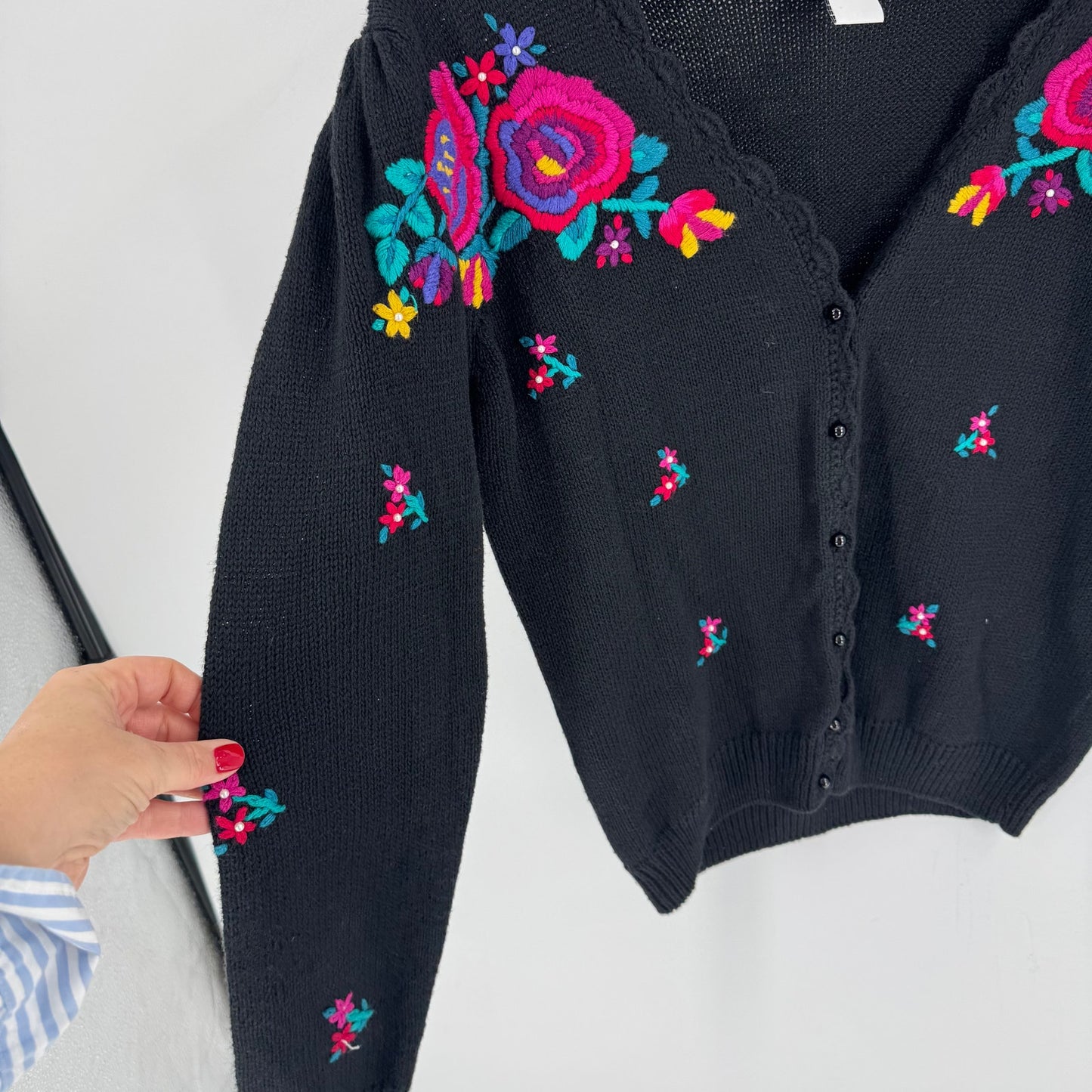 Private Party Vintage Black Embroidered Floral Cardigan Rame Cotton Knit M