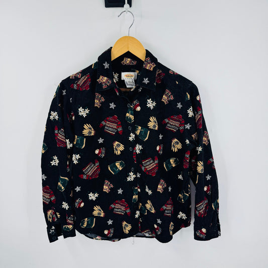 Vintage Talbots Petite Black Corduroy Winter Sweater Print Button-Down Size P