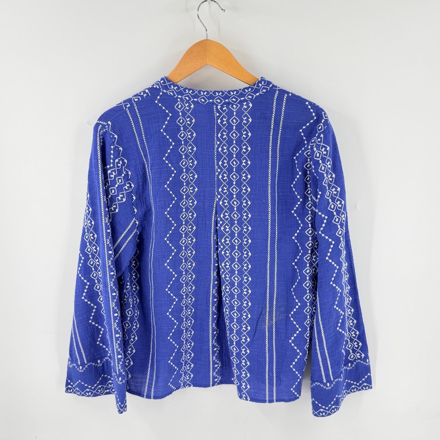 Zara Embroidered Peasant Top Blue White Medium Boho Coastal Resort