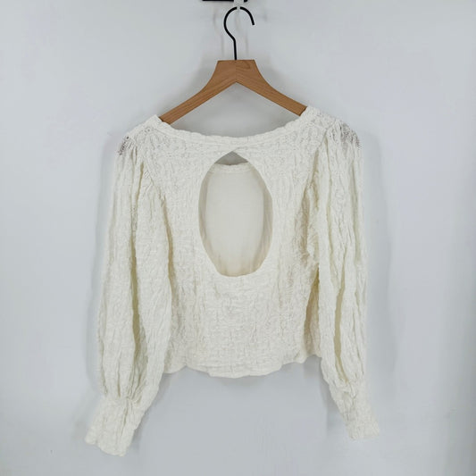 Free People White Lace Open Back Puff Sleeve Top Size XL Coquette Festival