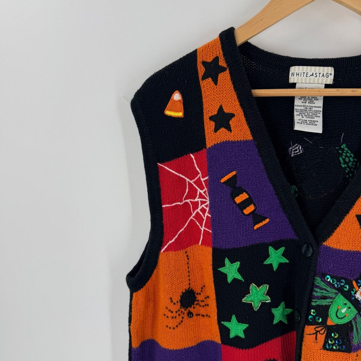 Vintage 90s White Stag Halloween Sweater Vest XL Spooky Kitschy Patchwork Witchy