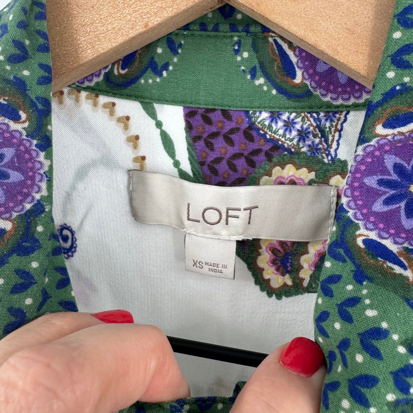LOFT Floral Festival Artsy Button Front Blouse Green Purple Boho Top XS Peacock