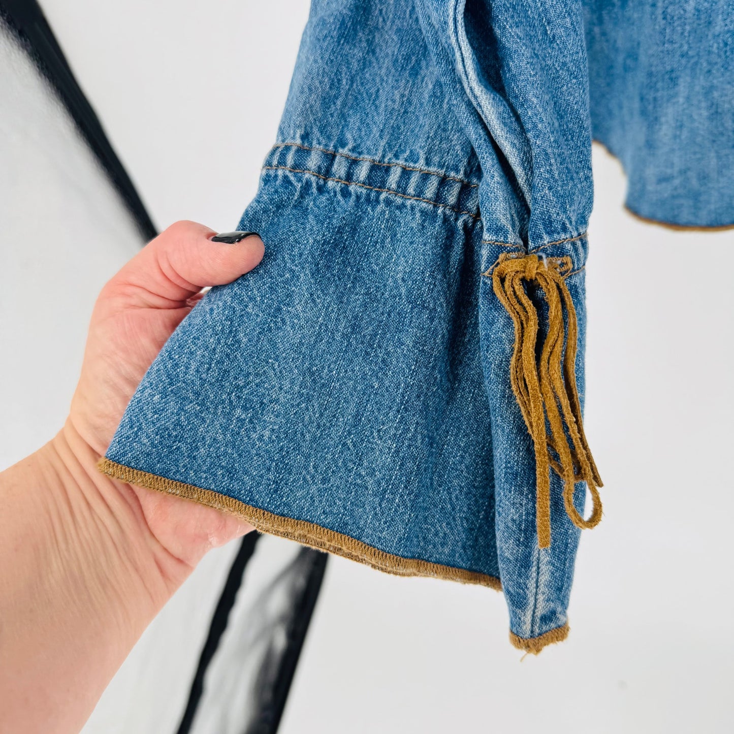 French Kuff Vintage Denim Lace-Up Peasant Top Long Sleeve Boho Size Large