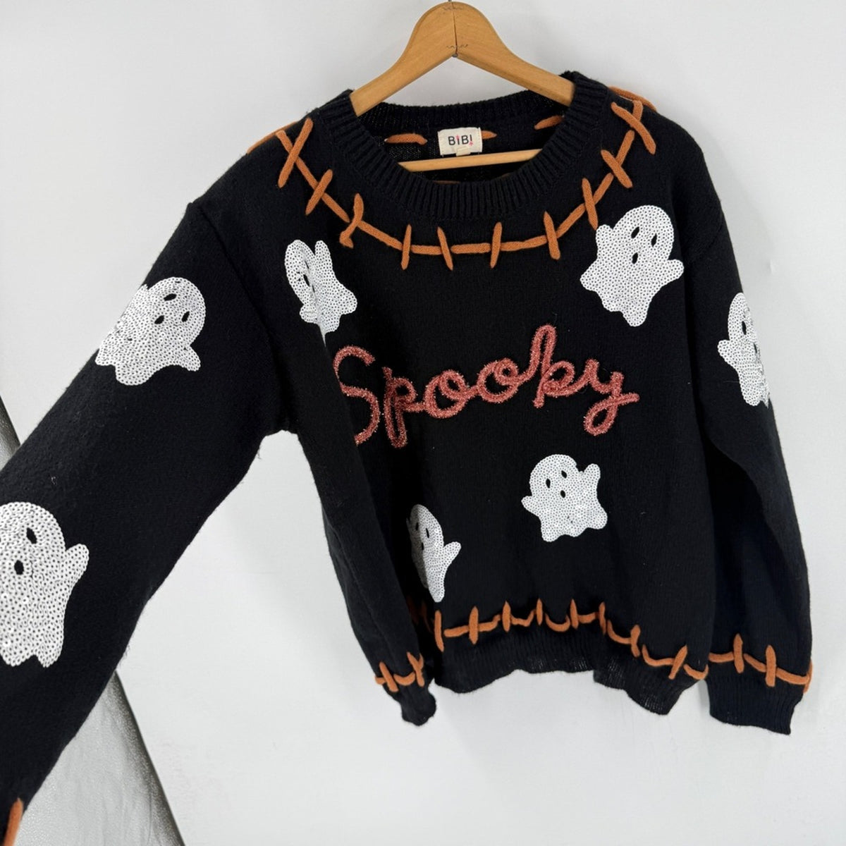 Boutique Bibi Ghost Sequin Sweater Black XL Halloween Spooky Festive Novelty
