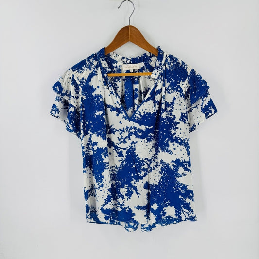 Caballero Flutter Sleeve Top Blue White Medium Abstract Ruffle Coastal Boho
