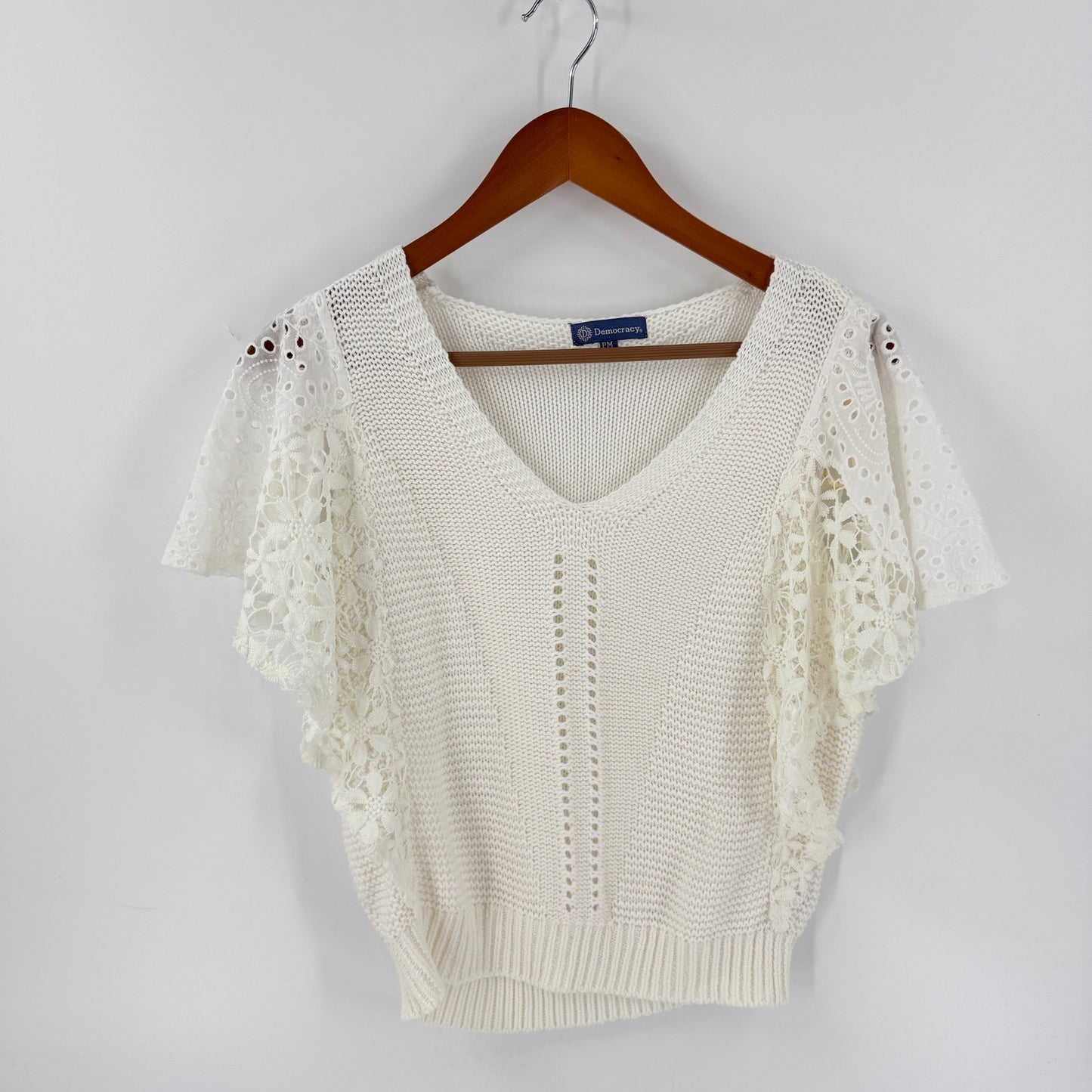 Democracy Crochet Knit Top Ivory Petite Medium Cotton Eyelet Coastal Boho
