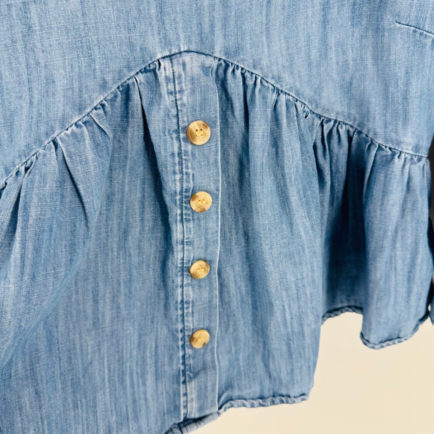 Boutique Fosh Chambray Peplum Blouse Long Bell Sleeve V-Neck Denim Top Size L