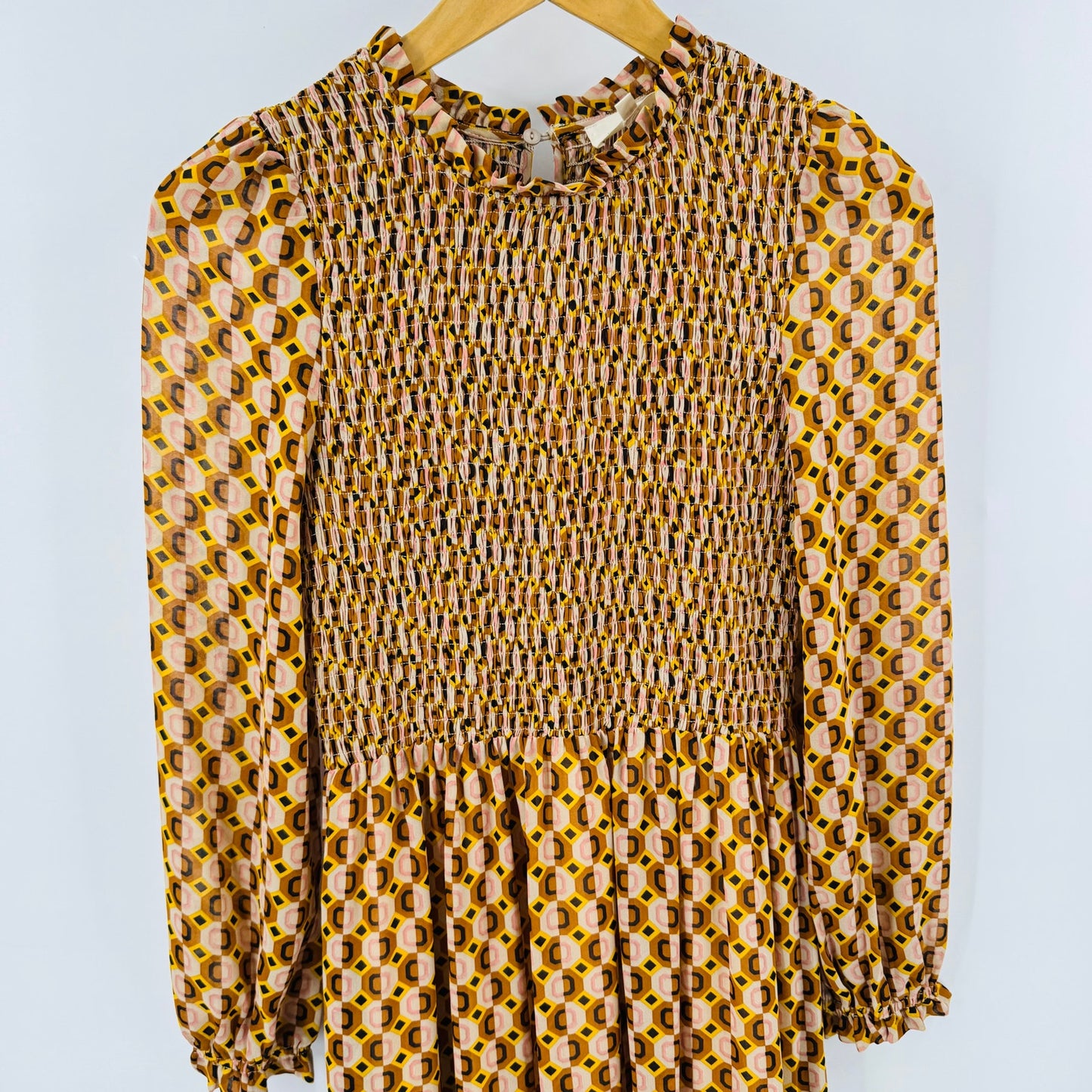 Melloday Smocked Long Sleeve Maxi Dress Retro Geometric Print Brown XS