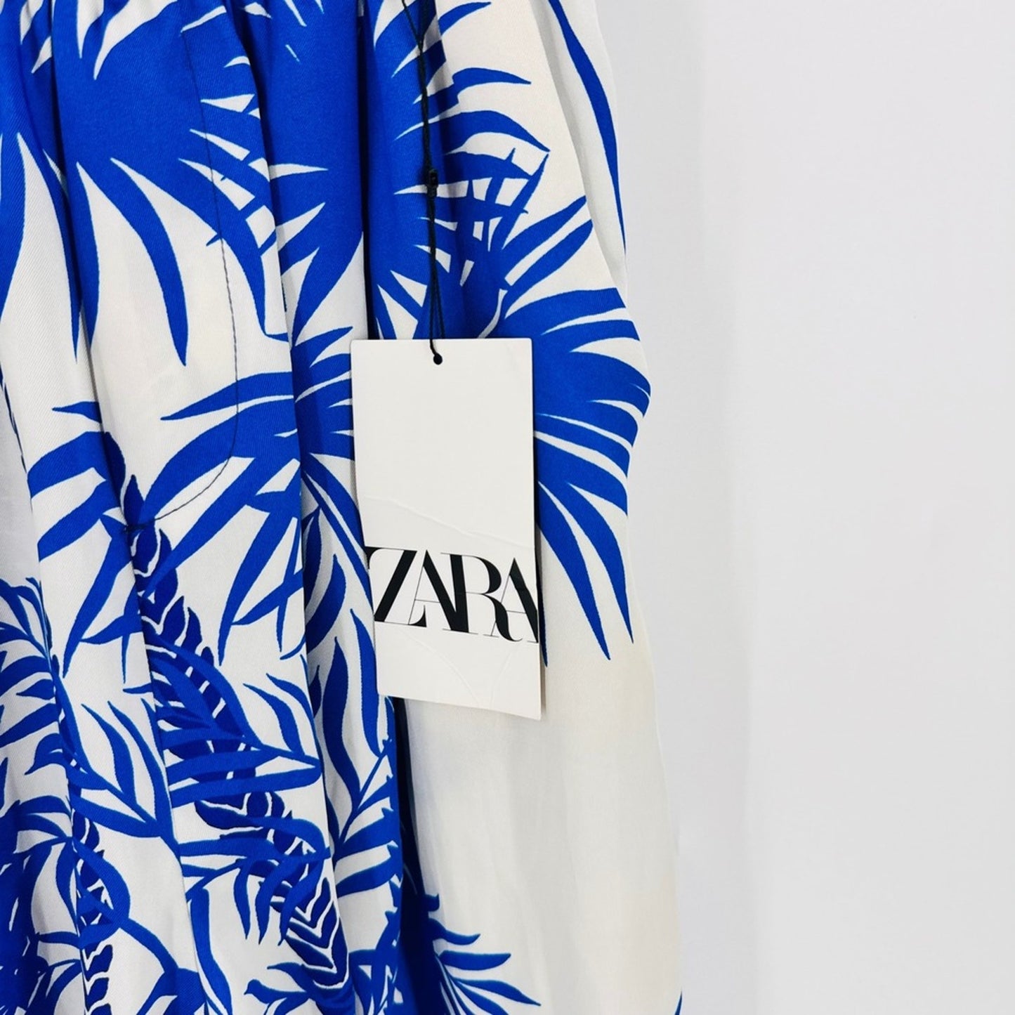 Zara Tropical Palm Print Shorts Blue White XS High Waist Coastal Resorwear NWT