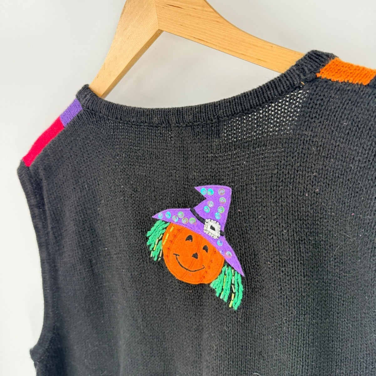 Vintage 90s White Stag Halloween Sweater Vest XL Spooky Kitschy Patchwork Witchy