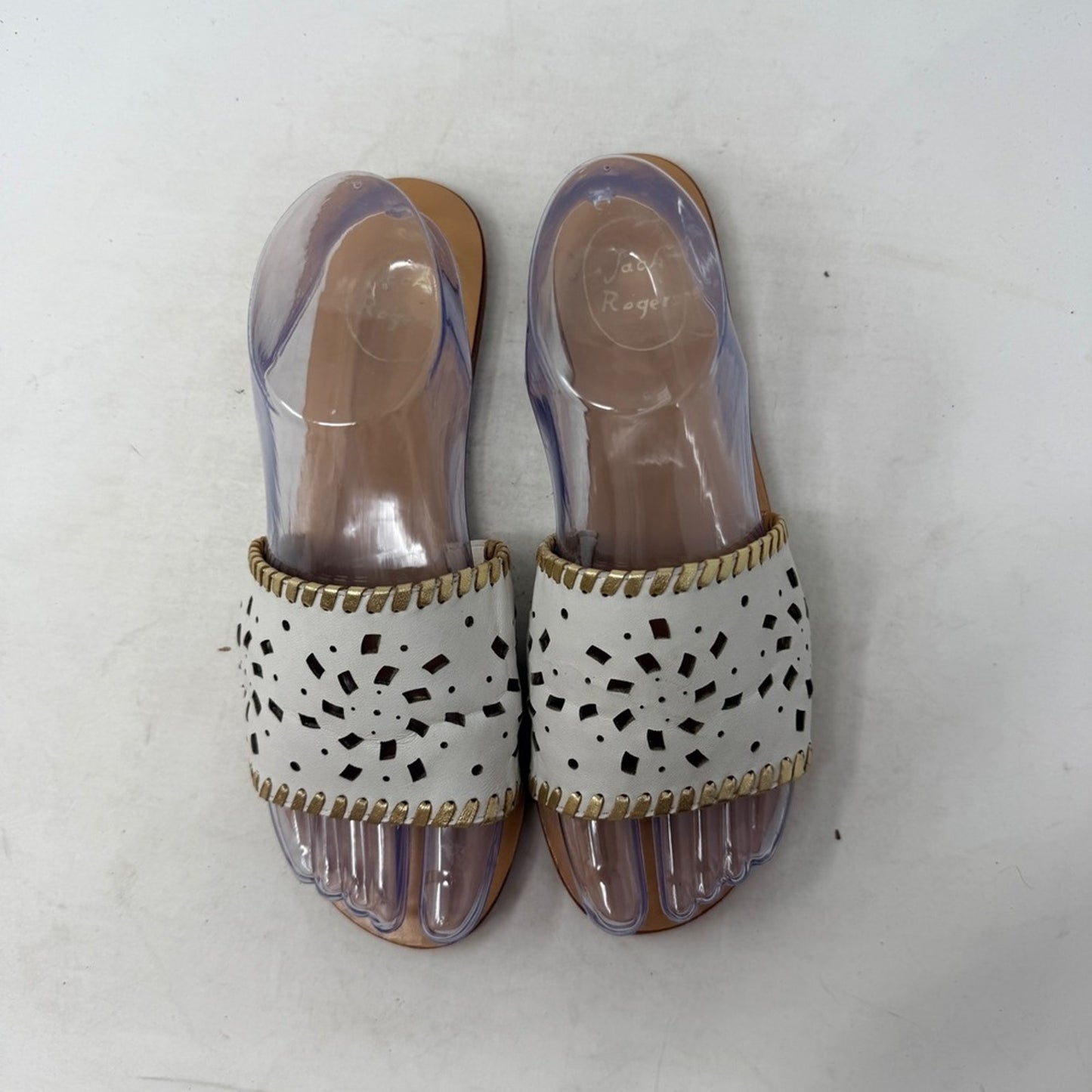 Jack Rogers Slip On Sandals White Gold Whipstitch Flats Size 8 Preppy‎ Coastal