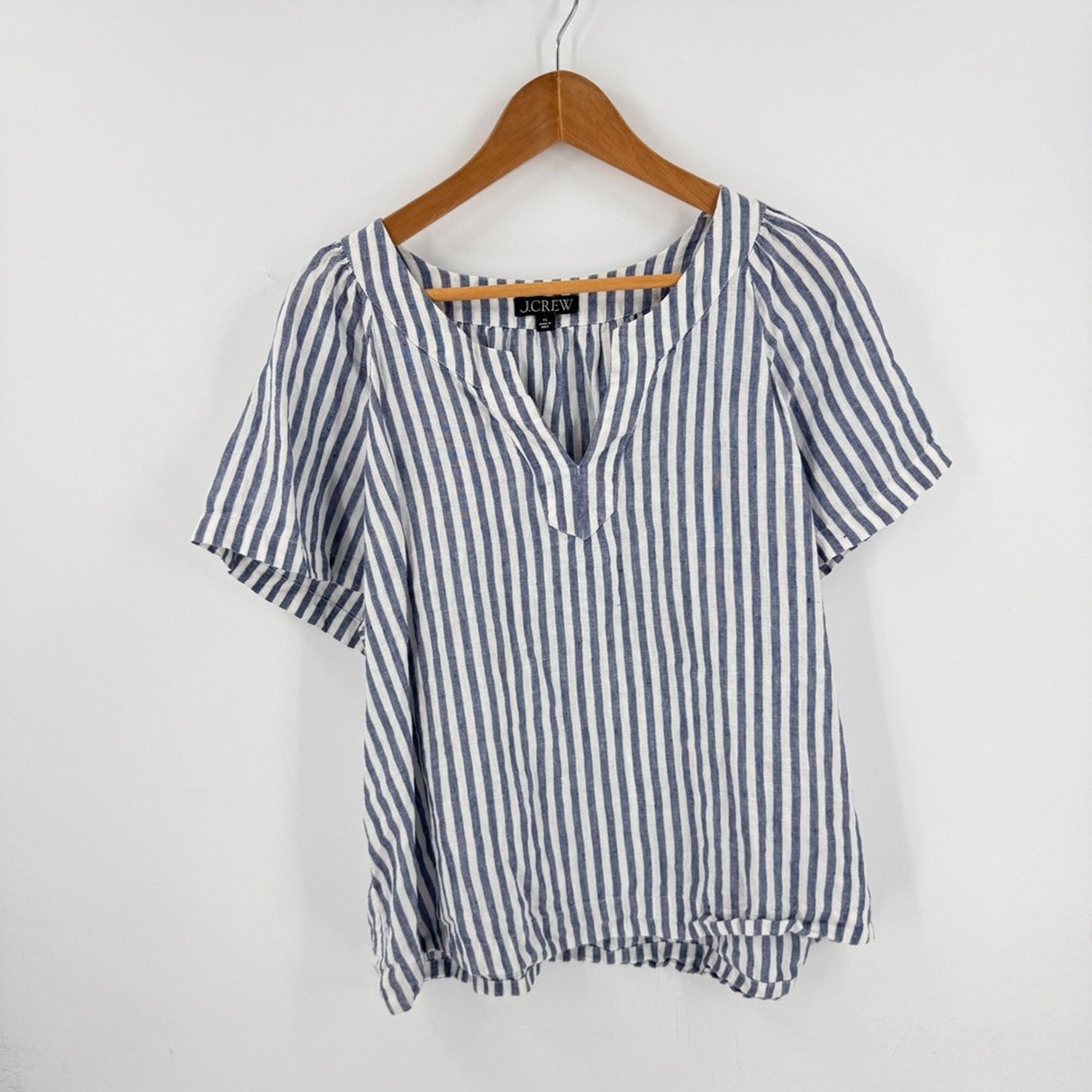 J.Crew Linen Striped Split Neck Top Navy Blue XL Boat Summer Nautical Coastal