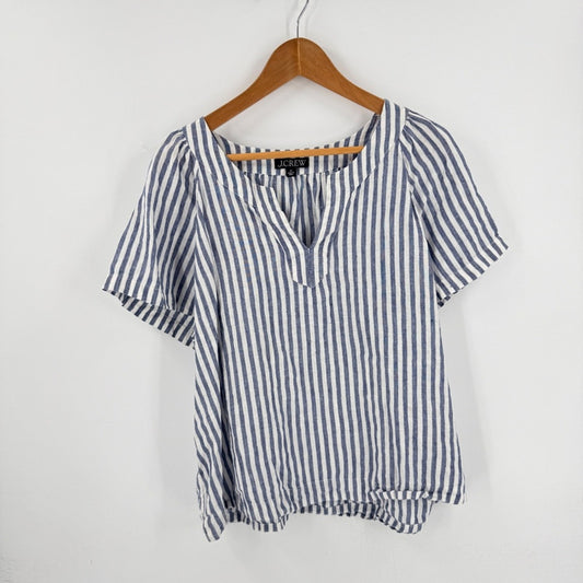 J.Crew Linen Striped Split Neck Top Navy Blue XL Boat Summer Nautical Coastal