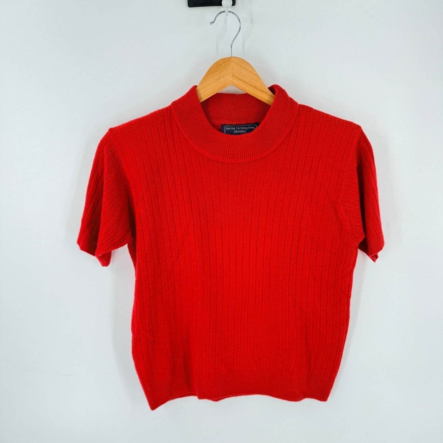 Vintage Red Mock Neck Ribbed Knit Norton McNaughton Short Sleeve Sweater SP