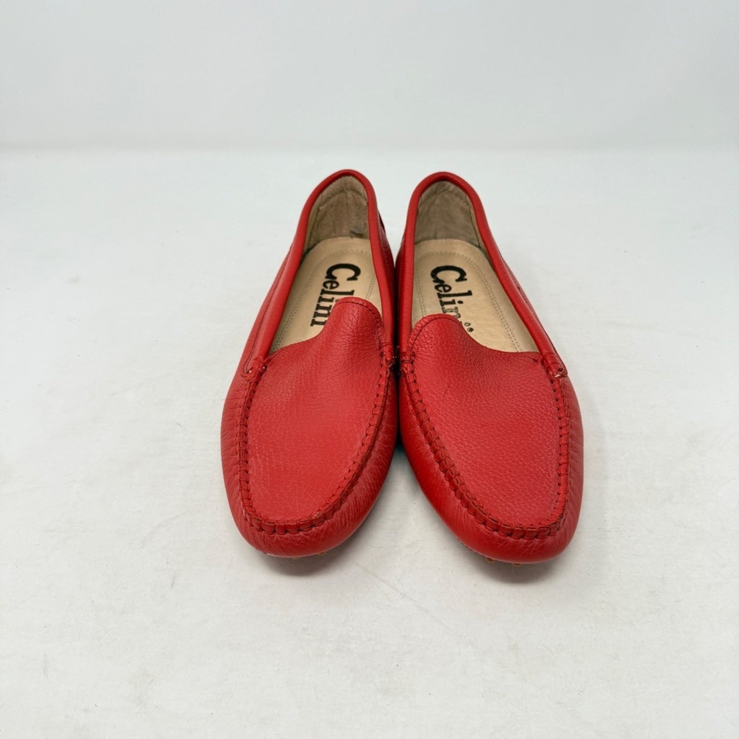 Celini Red Pebbled Leather Driving Loafers Slip On Moc Toe Shoes EU 37.5