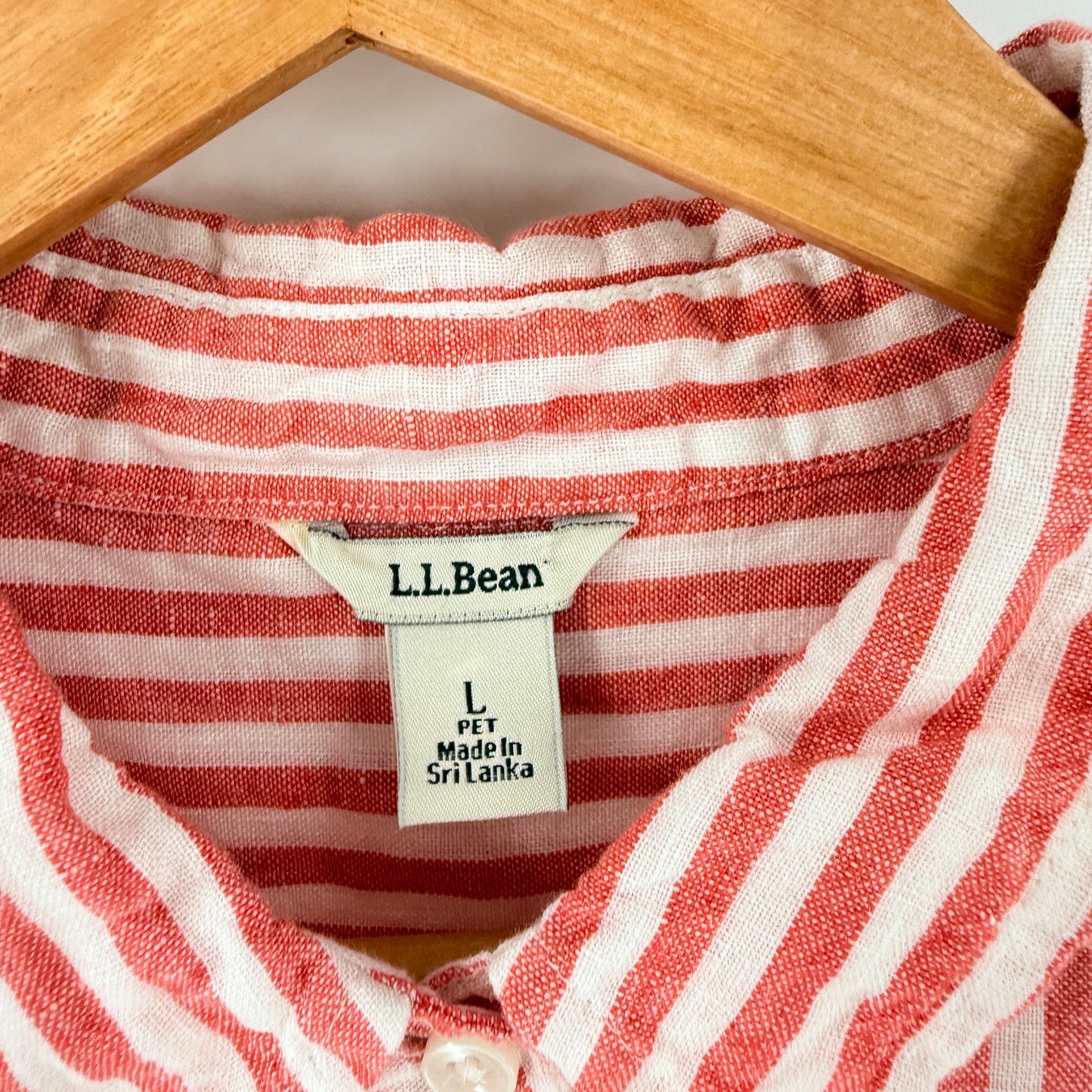 L.L. Bean Linen Button Down Shirt Pink Stripe Large Petite Coastal Summer