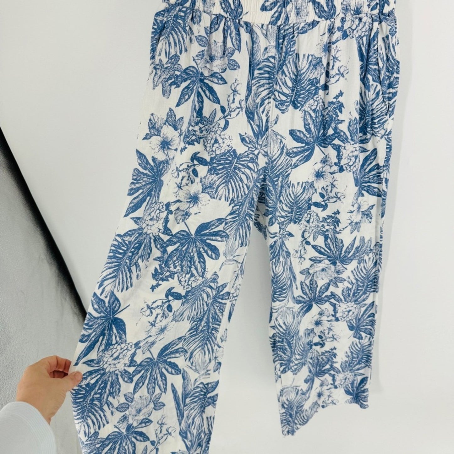 Panama Jack Linen Blend Wide Leg Pull On Tropical Blue Print Pants Beach XL‎