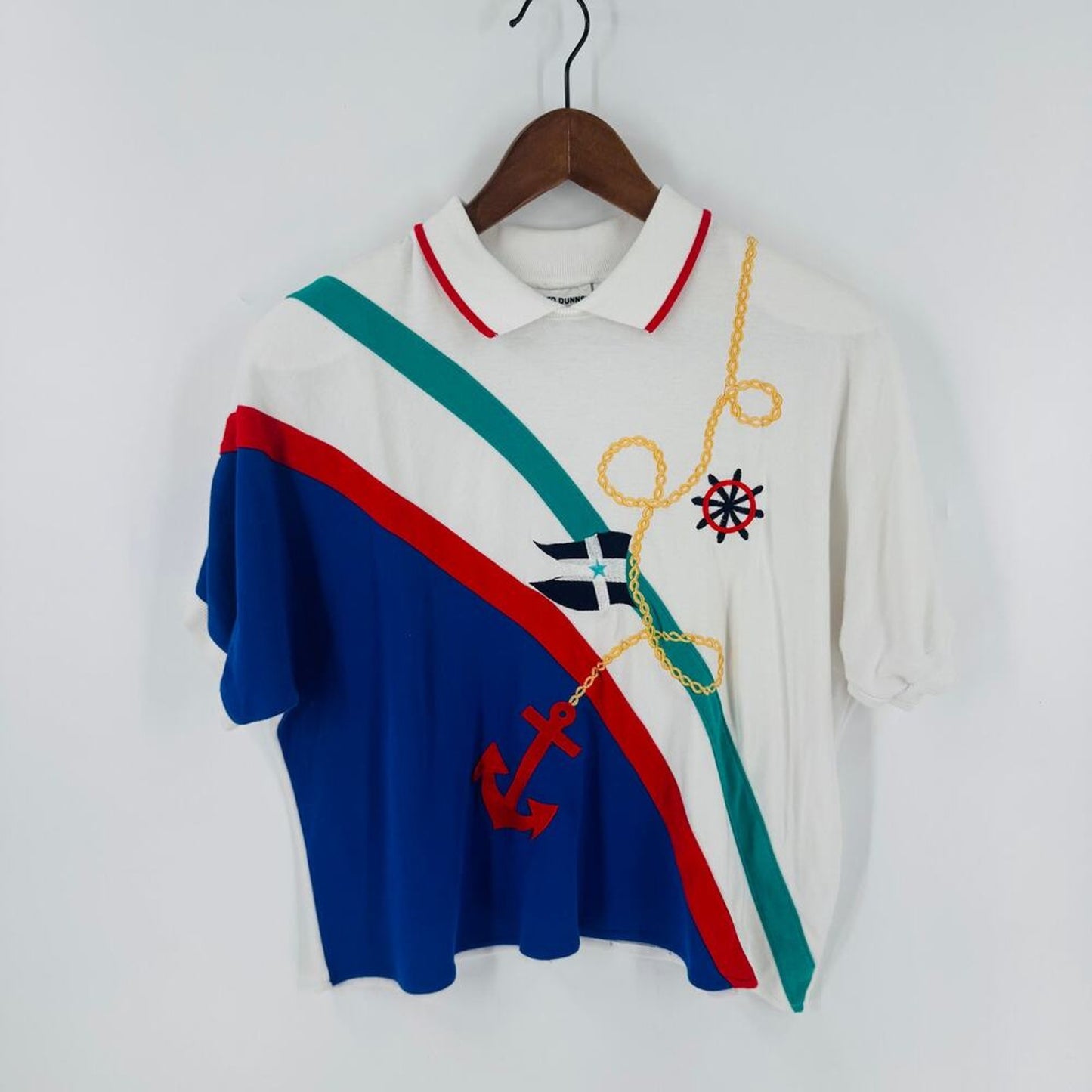Vintage‎ Nautical Polo Shirt White Petite Large Vintage Anchor Embroidered Top
