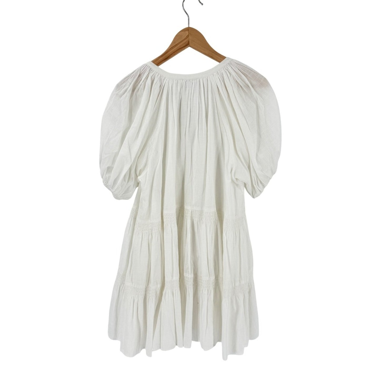 Anthropologie Steele Tiered White Mini Dress Medium Puff Sleeve Smocked Prairie