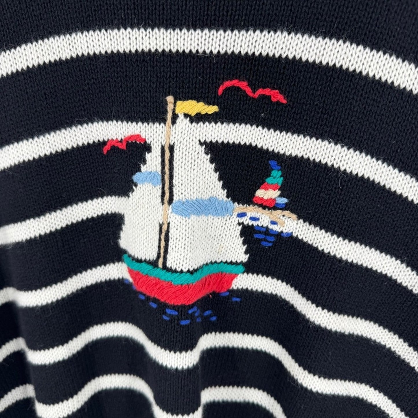 Vintage Embroidered Striped Sailboat Sweater Black Size 1X‎ Nautical Coastal