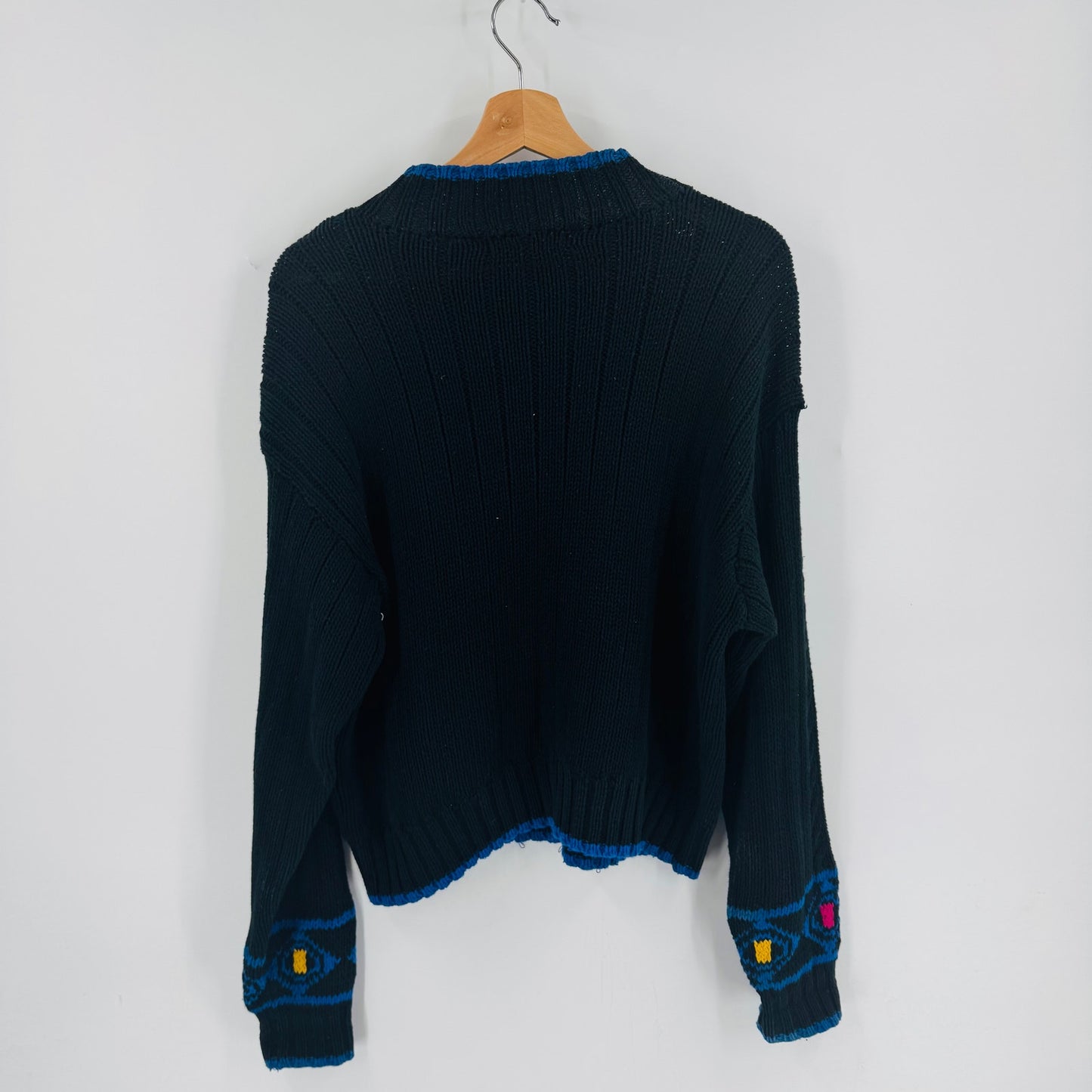 Vintage Liz Wear Knit Crewneck Bright Geo Pattern Black Sweater Size S Small