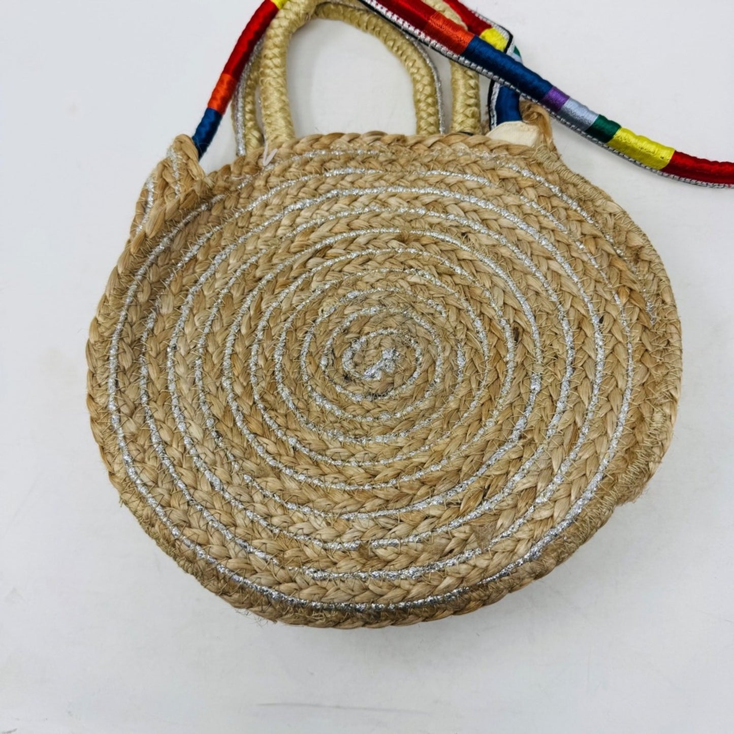 Sam Edelman NWT Round Straw Bag‎ Woven Silver Accents Rainbow Strap