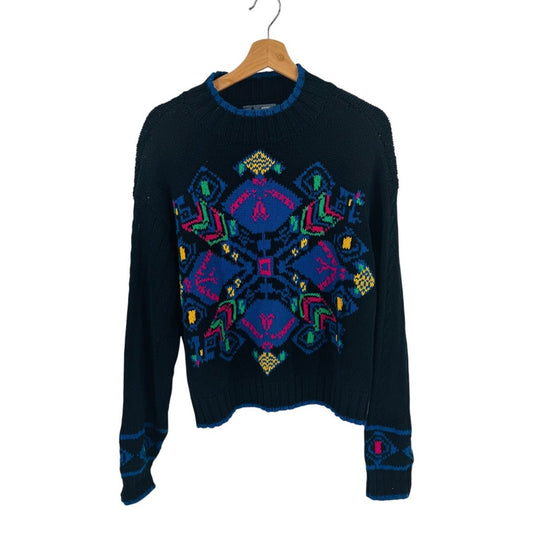 Vintage Liz Wear Knit Crewneck Bright Geo Pattern Black Sweater Size S Small