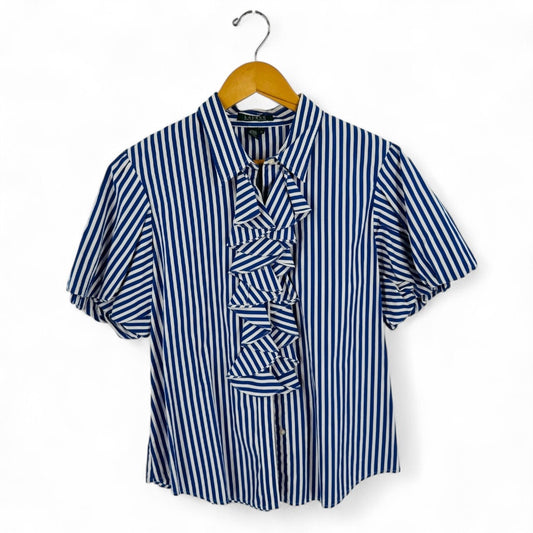 Lauren Ralph Lauren Ruffle Striped Blouse Short Sleeves Preppy Cotton Size XL