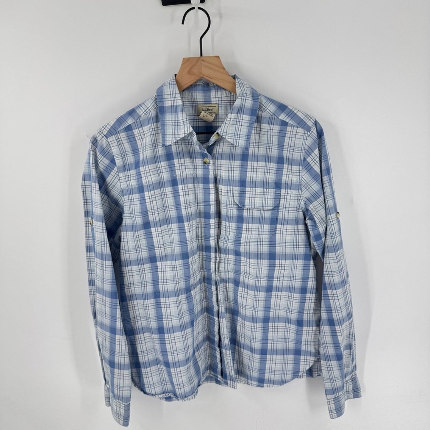 L.L. Bean Blue White Plaid Cotton Button Down Shirt Size M Coastal Heritage